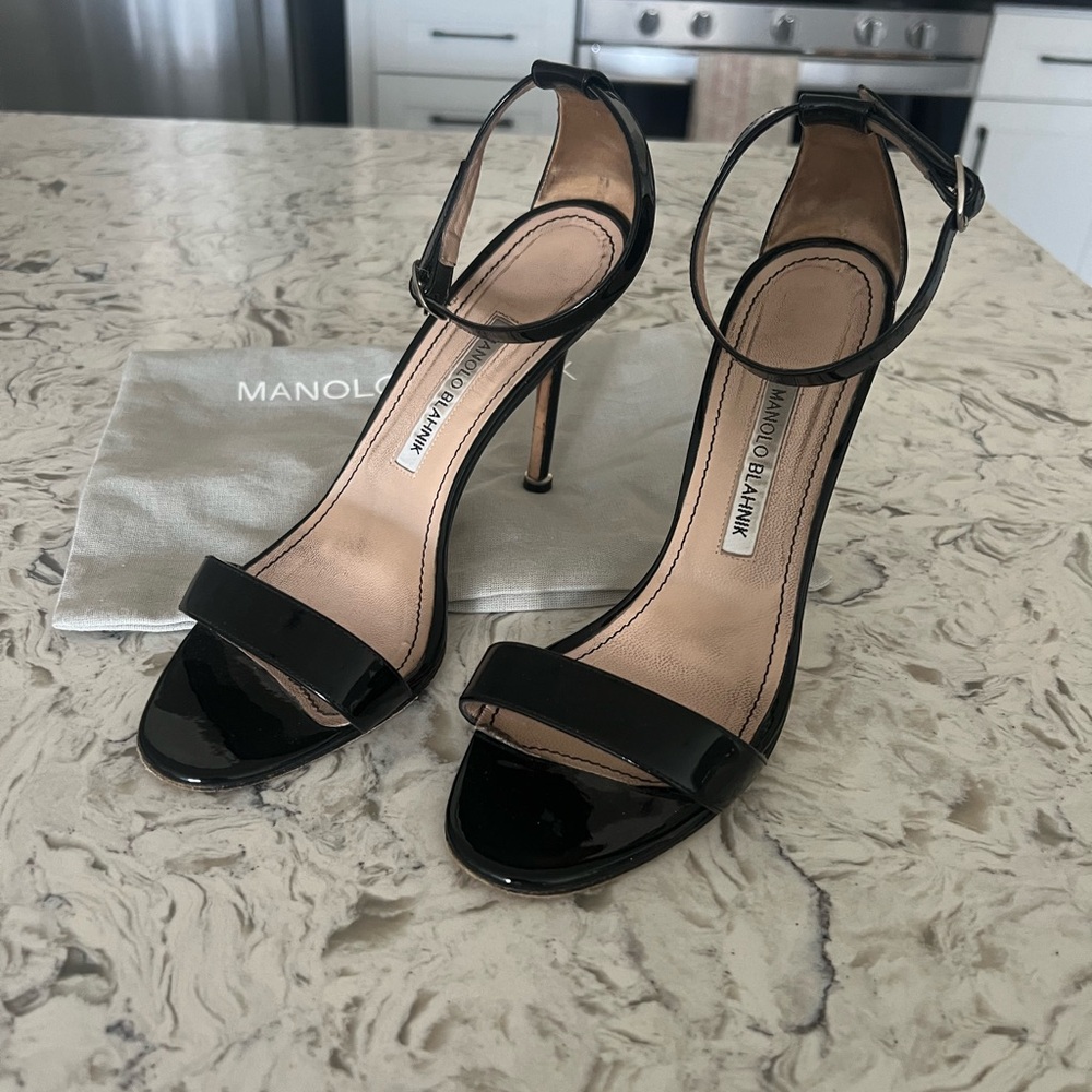 Manolo Blahnik Black Patent Chaos with Ankle Strap 39